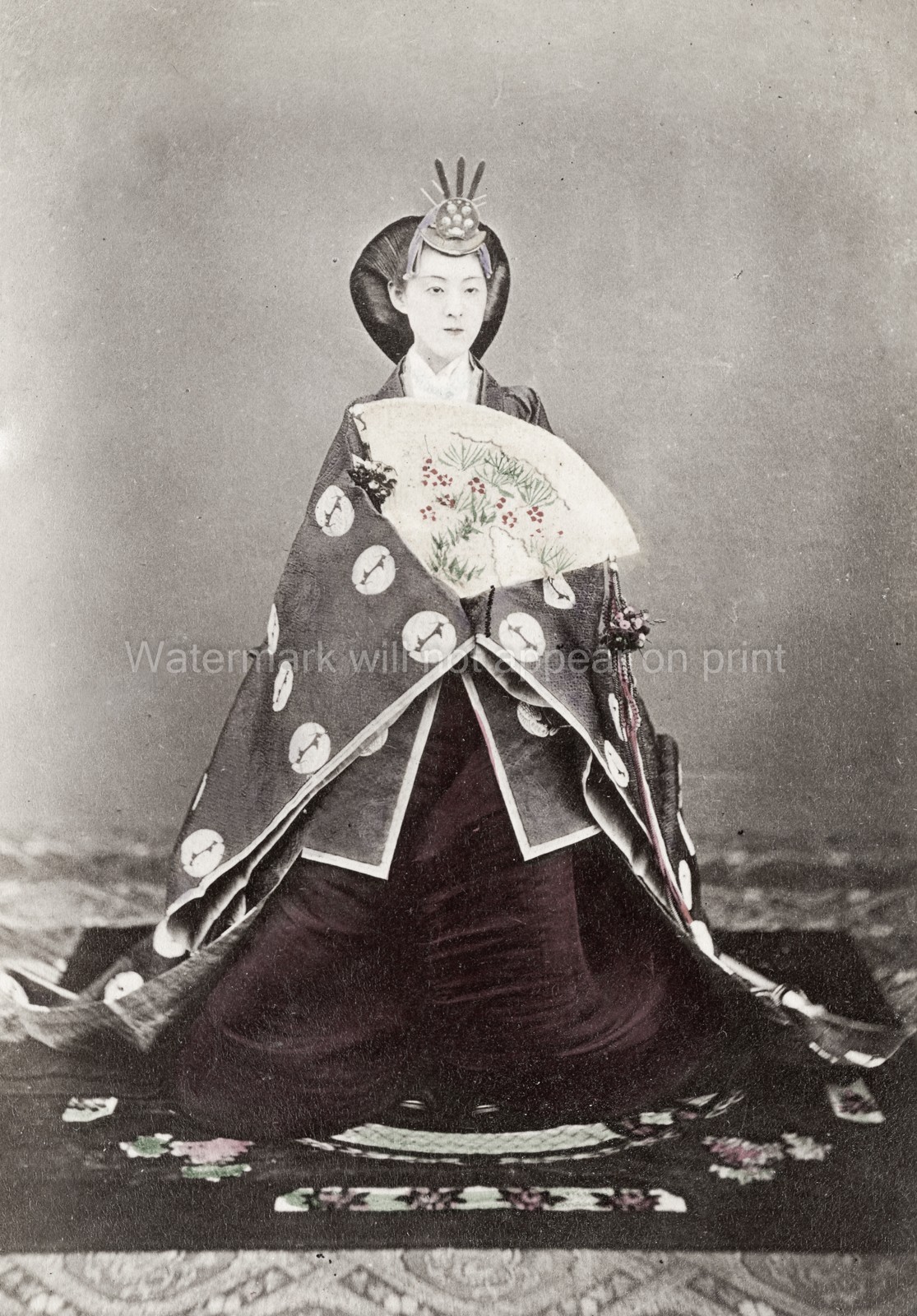 Japan Empress Shoken Wife Meiji Emperor Royalty Kimono Fan Vtg. Photo 19thC.
