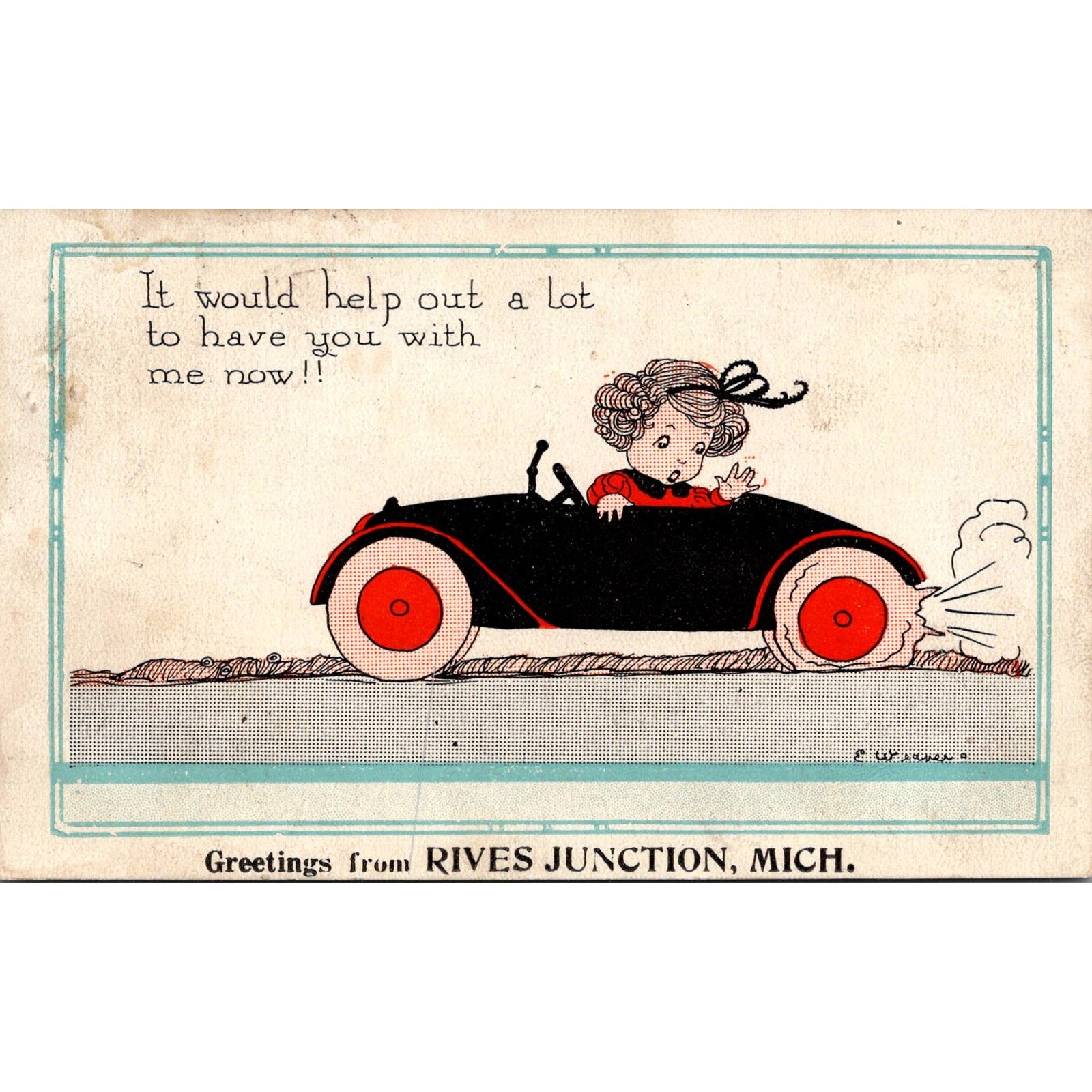 Greetings From Rives Junction MI 1921 Child Driving Vintage Postcard SP7-22