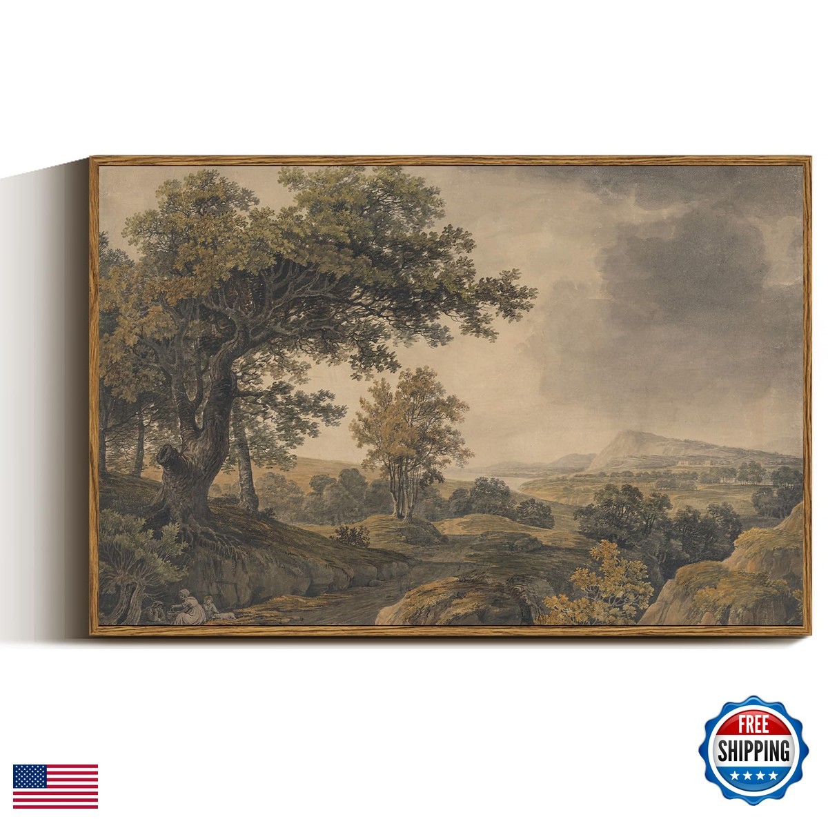 VIYYIEA Vintage Framed Canvas Wall Art 16x24in Antique Tree Mountain European