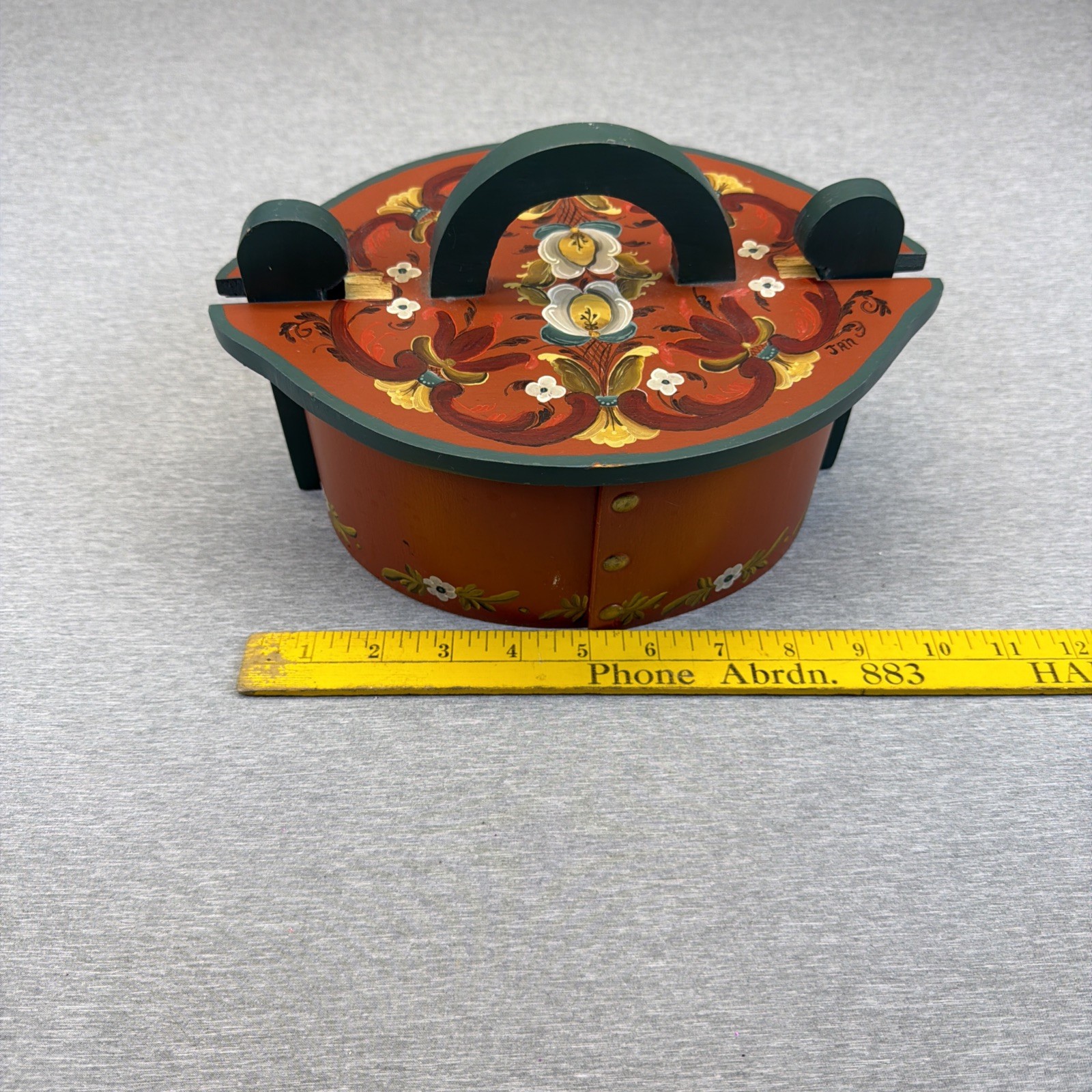Vtg Norwegian Rosemaling Wood Tine Box Bentwood Folk Art Hand Painted Signed JRN