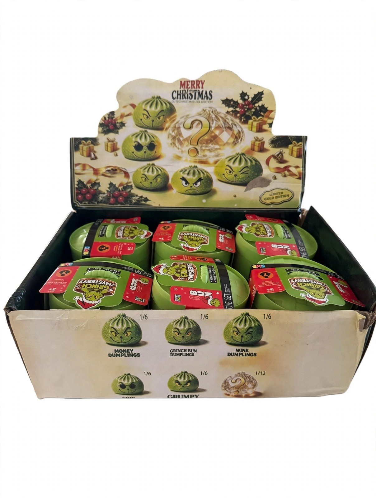 Glow in the Dark Grinch Christmas Mystery Dumpling Bun Squishy Box of  12  