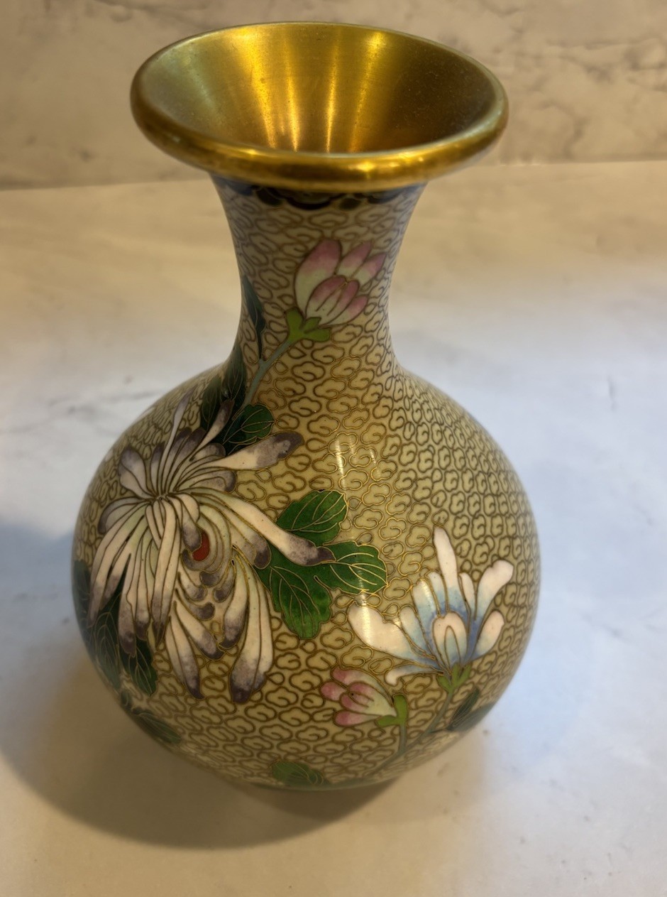 VINTAGE 7 X 5 Chinese Cloisonne Enamel Gold/Cream Vase Bird & Floral Design