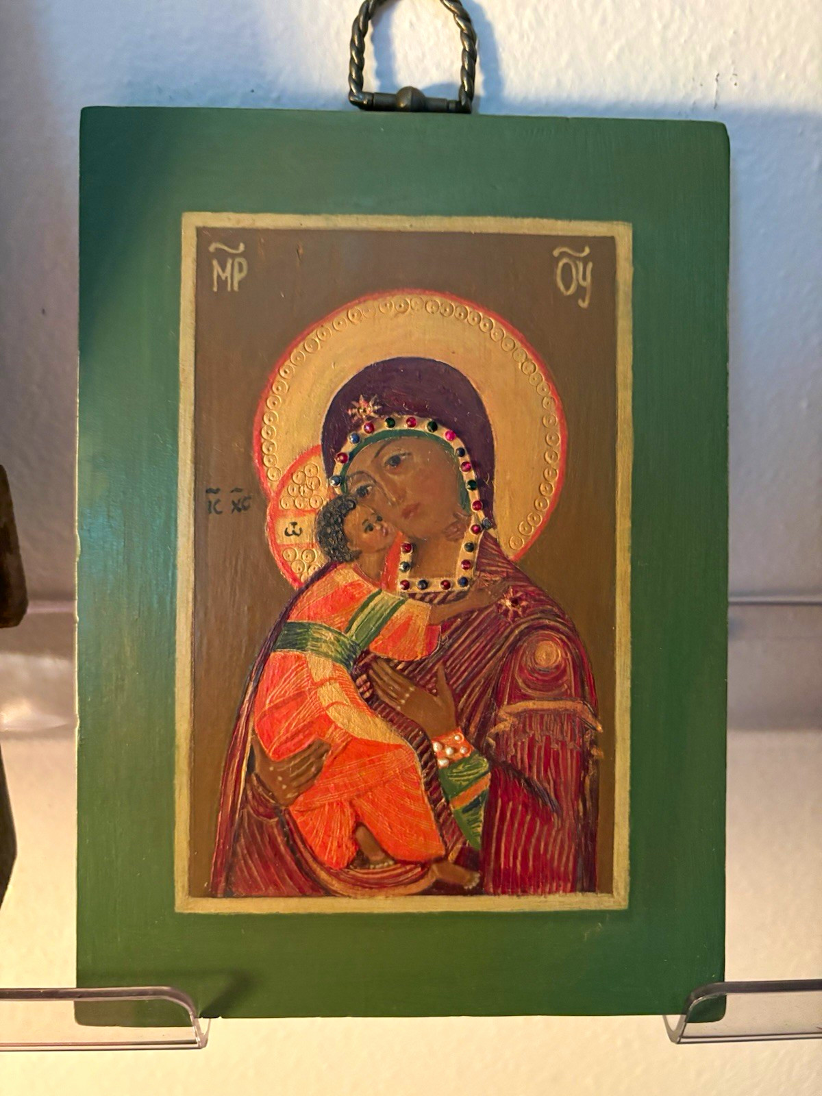 Icon Madonna and Child, Hand Painted with Natural Stones and Pearls.