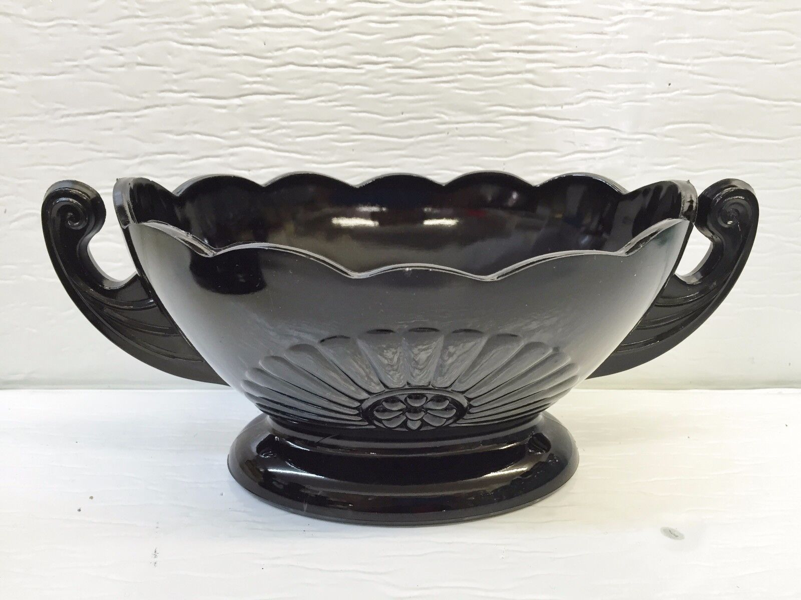Black Amethyst Glass Fruit Bowl w/Handles