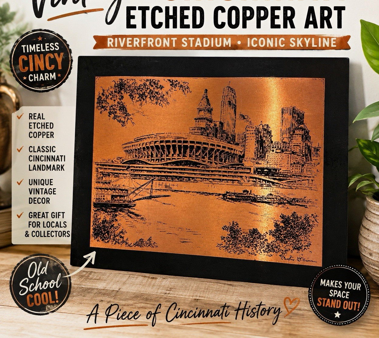 Etched Copper Plaque Cincinnati Skyline Riverfront Stadium Carol Williams