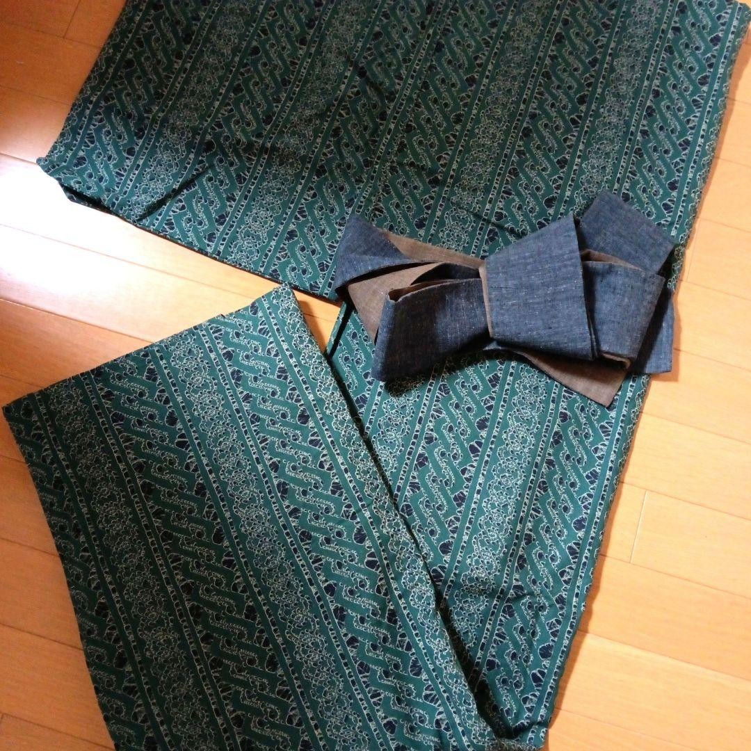 Men\'s Green Cotton Yukata Geometric Narrow Obi Set Japan