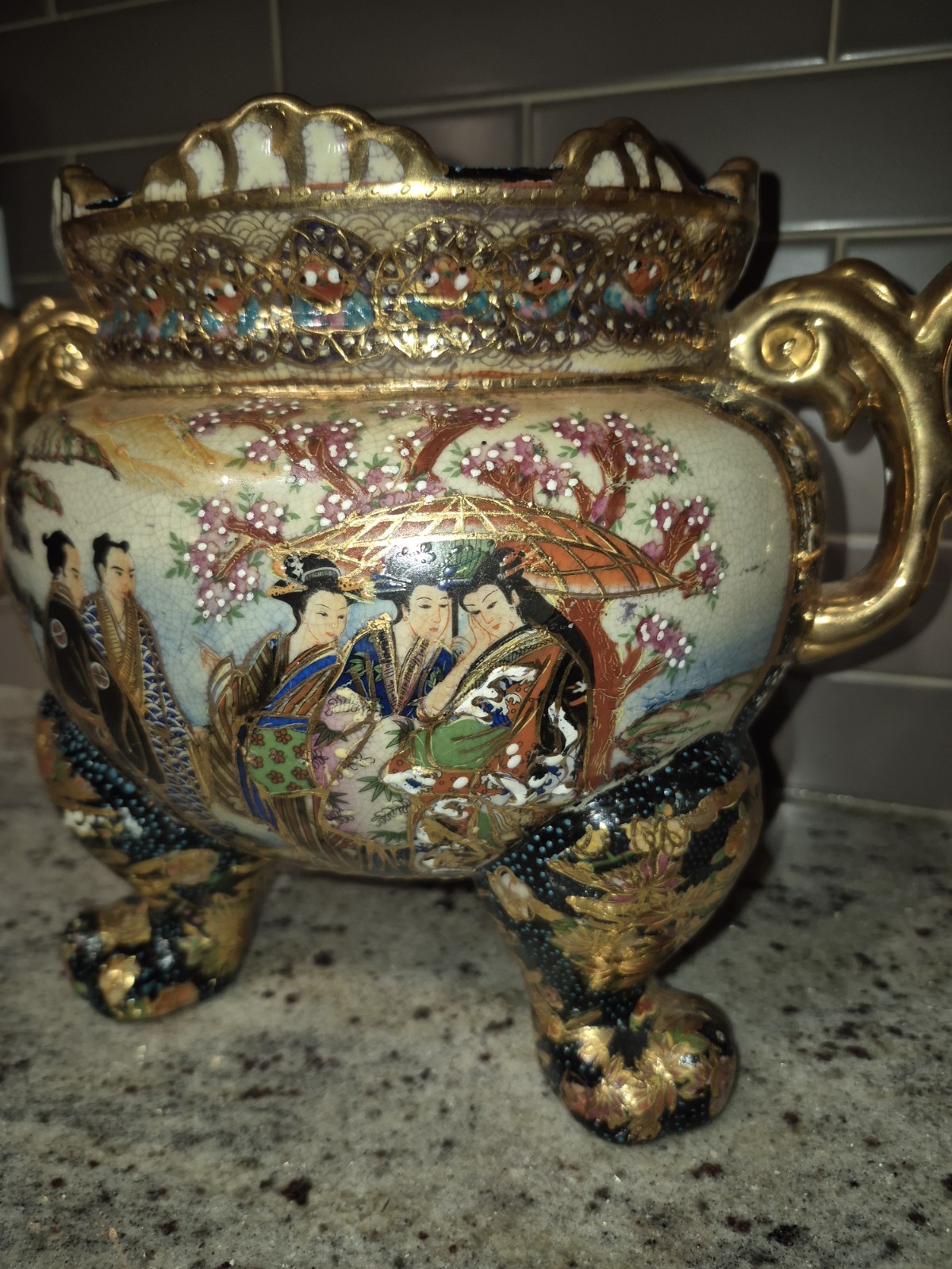 Vintage Royal Satsuma Japanese Moriage Porcelain Jardiniere Planter Gold Gilt