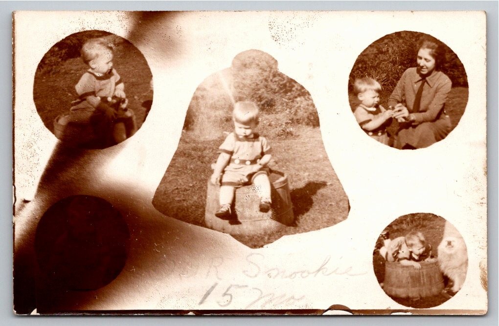 1930s Toddler Snookie Fluffy White Dog Outdoor Vintage Sepia Photo Snapshot 1930s Toddler Snookie Fluffy White Dog Outdoor Vintage Sepia Photo Snapshot