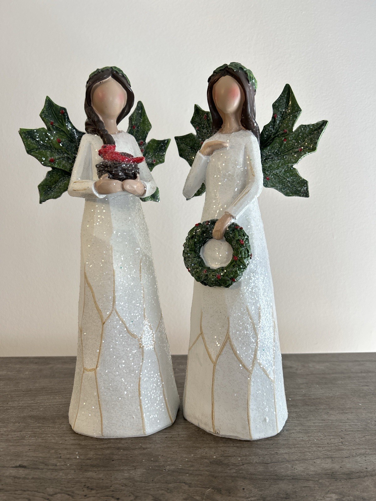 Set Of 2 Angel Figurines With Cardinal And Wreath 12” Holly Wings NEW