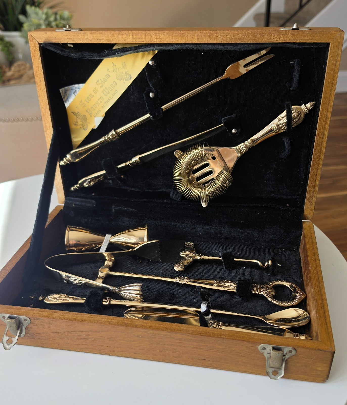Vintage Star Of Siam Bronze Bar Tool Set Cocktail MCM Thailand 9pc Boxed Set... Vintage Star Of Siam Bronze Bar Tool Set Cocktail MCM Thailand 9pc Boxed Set...