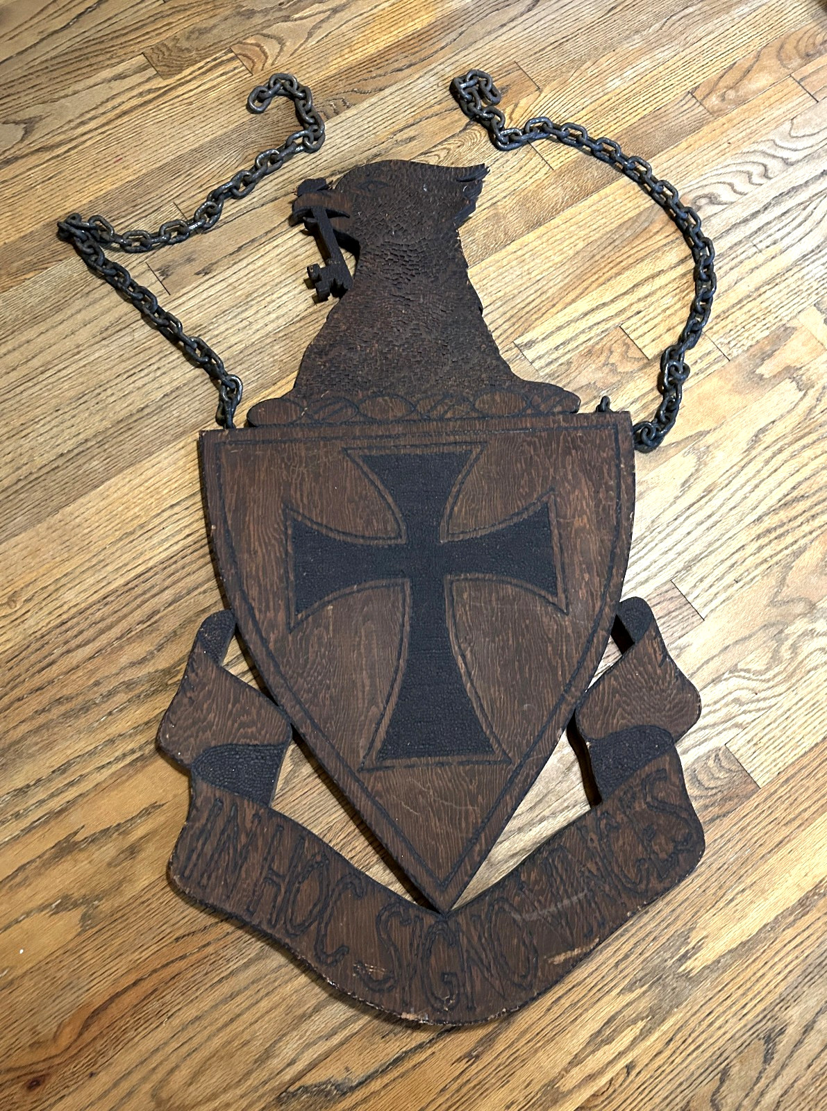 ANTIQUE Sigma Chi fraternity HUGE hand-tooled wooden crest plaque - Indiana OLD