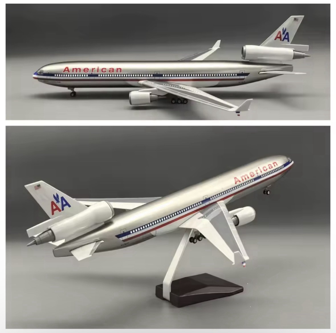 47cm 1:130 Scale American MD-11 Airplane Model With LED Lights + Wooden Base