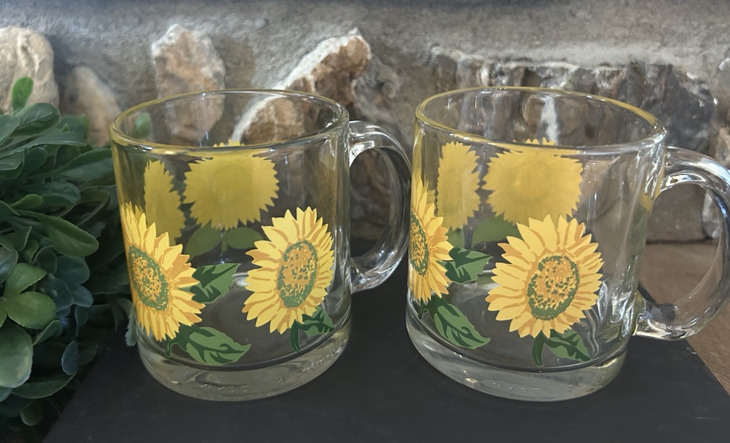 2 Vintage 90s Libbey Glass Sunflower Coffee Tea Mugs 12 oz. Excellent Condition