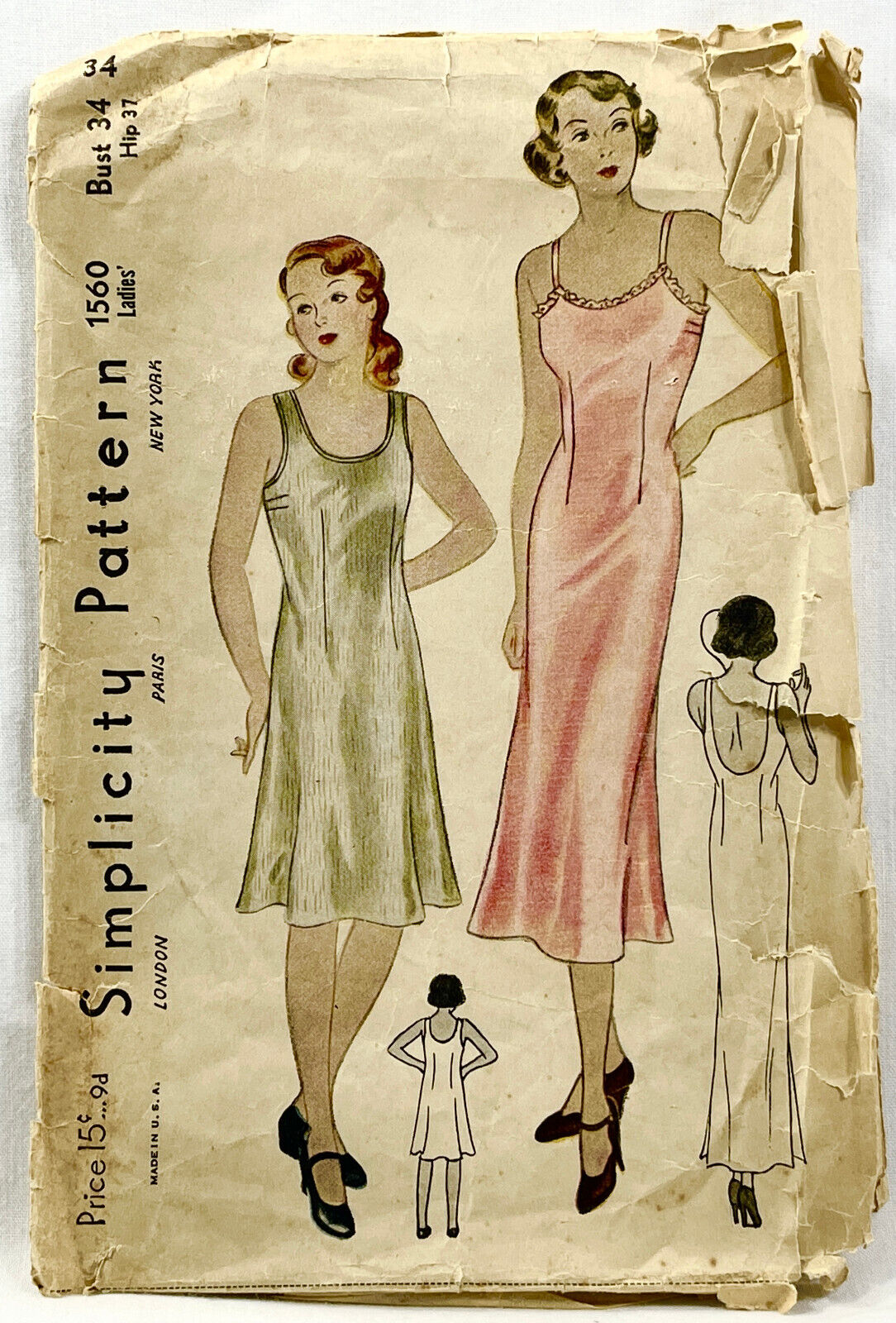 1930s Simplicity Sewing Pattern 1560 Womens Slips 2 Styles Size 16 Antique 11286