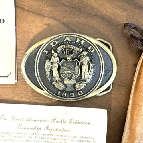 Vintage Idaho State Seal Brass Belt Buckle Heritage Mint w Papers Made In USA