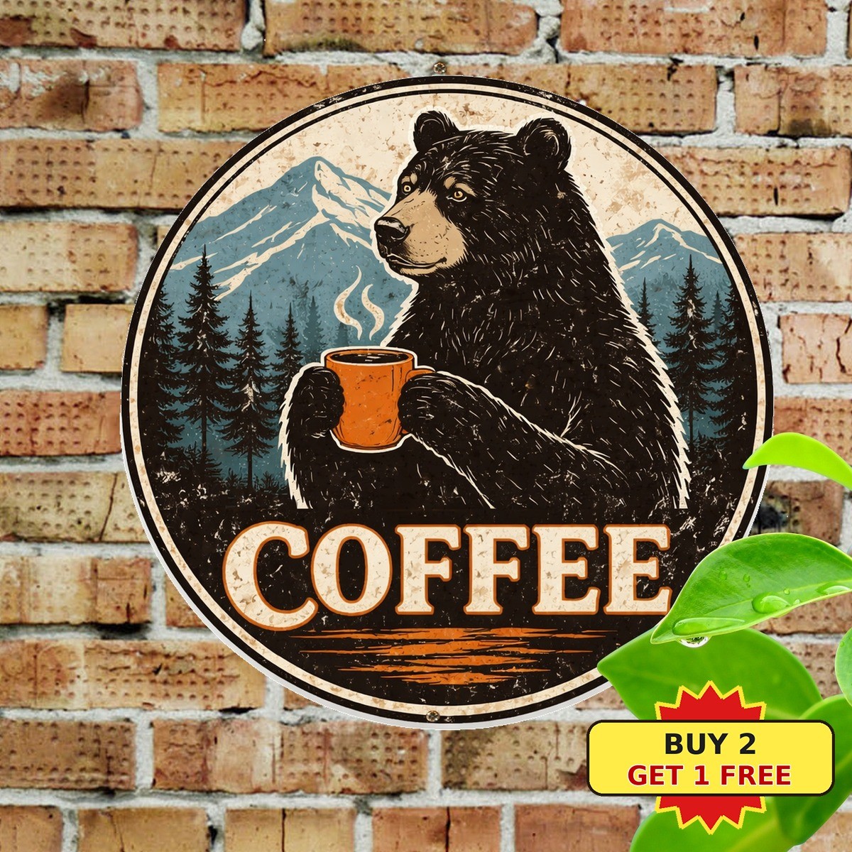 Wild Bear Round Tin Sign Mountain Forest Wildlife Metal Wall Art 8x8