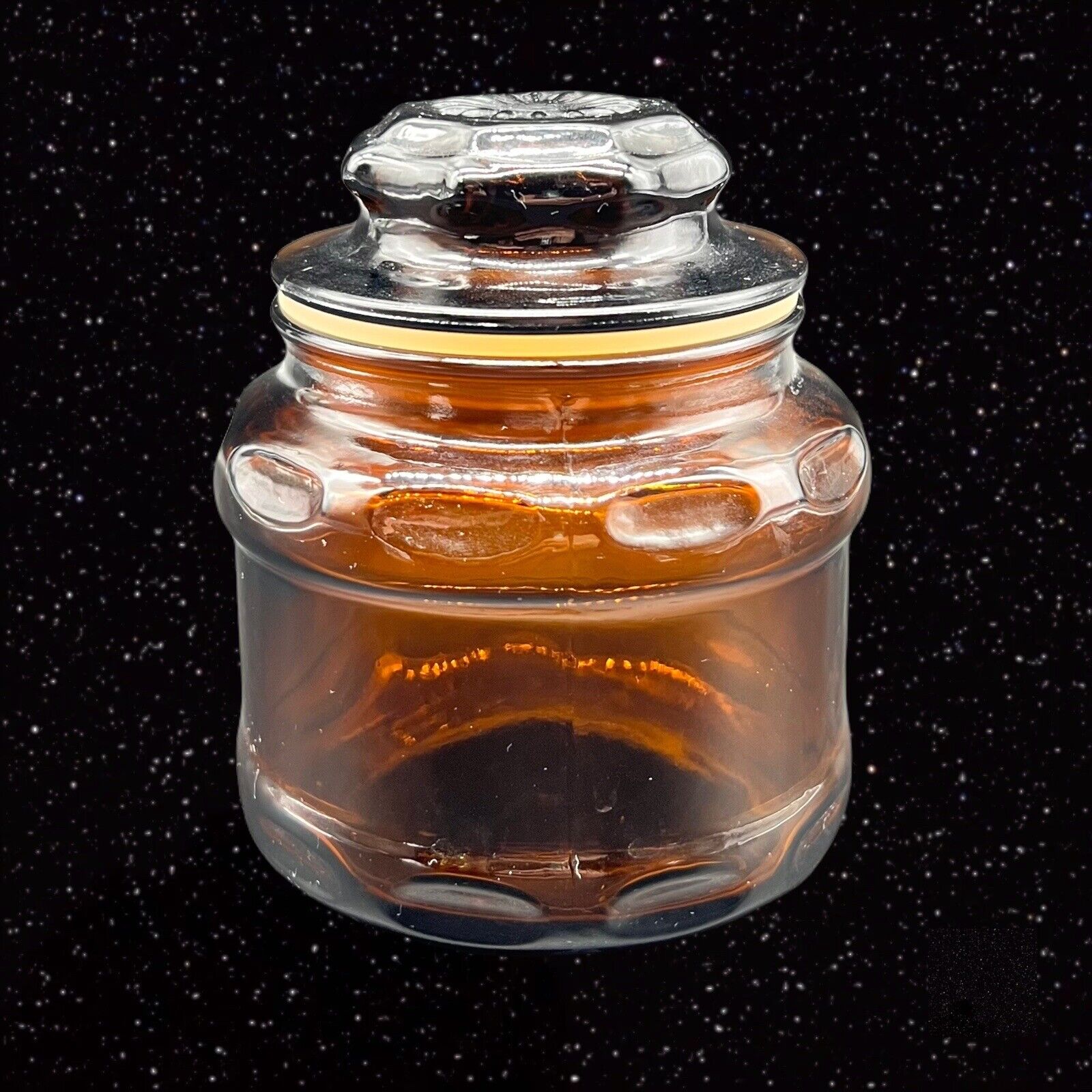 Vintage Dark Amber Brown Glass Apothecary Canister Jar Starburst PWC 2.75”w 4”t