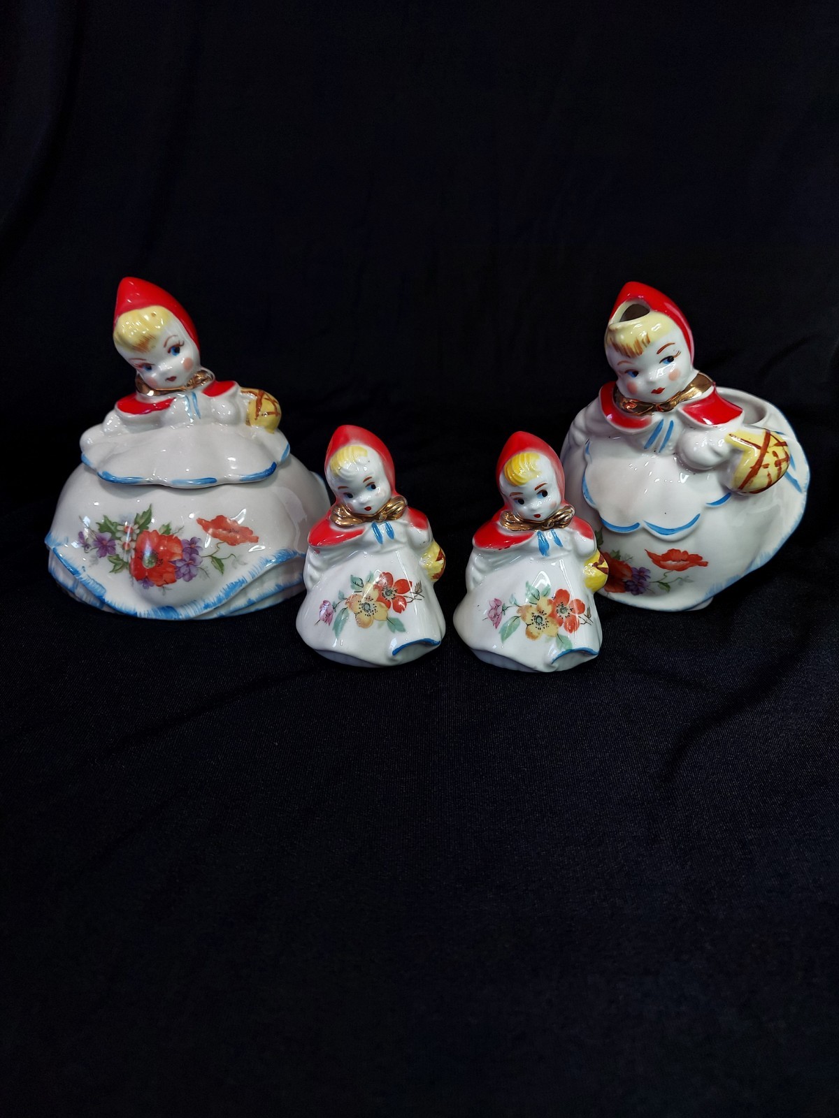 VINTAGE HULL LITTLE RED RIDING HOOD COVERED SUGAR BOWL, CREAMER , SALT/PEPPER