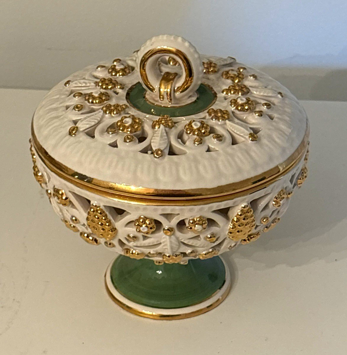 Vintage KBNY Italy Hand Painted Reticulated Lidded Porcelain Candy Dish