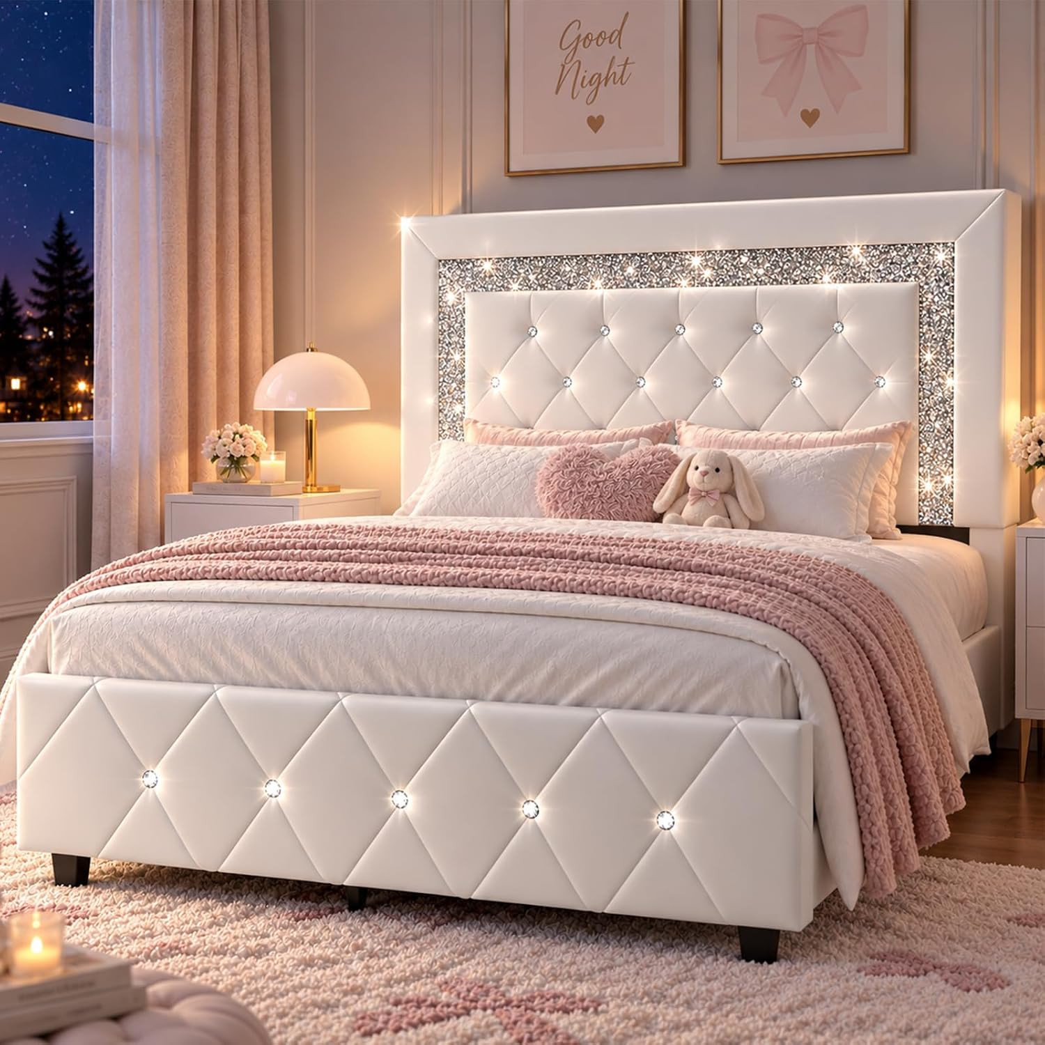 Twin Size Bed Frames, Upholstered Bed with Diamond Headboard,White