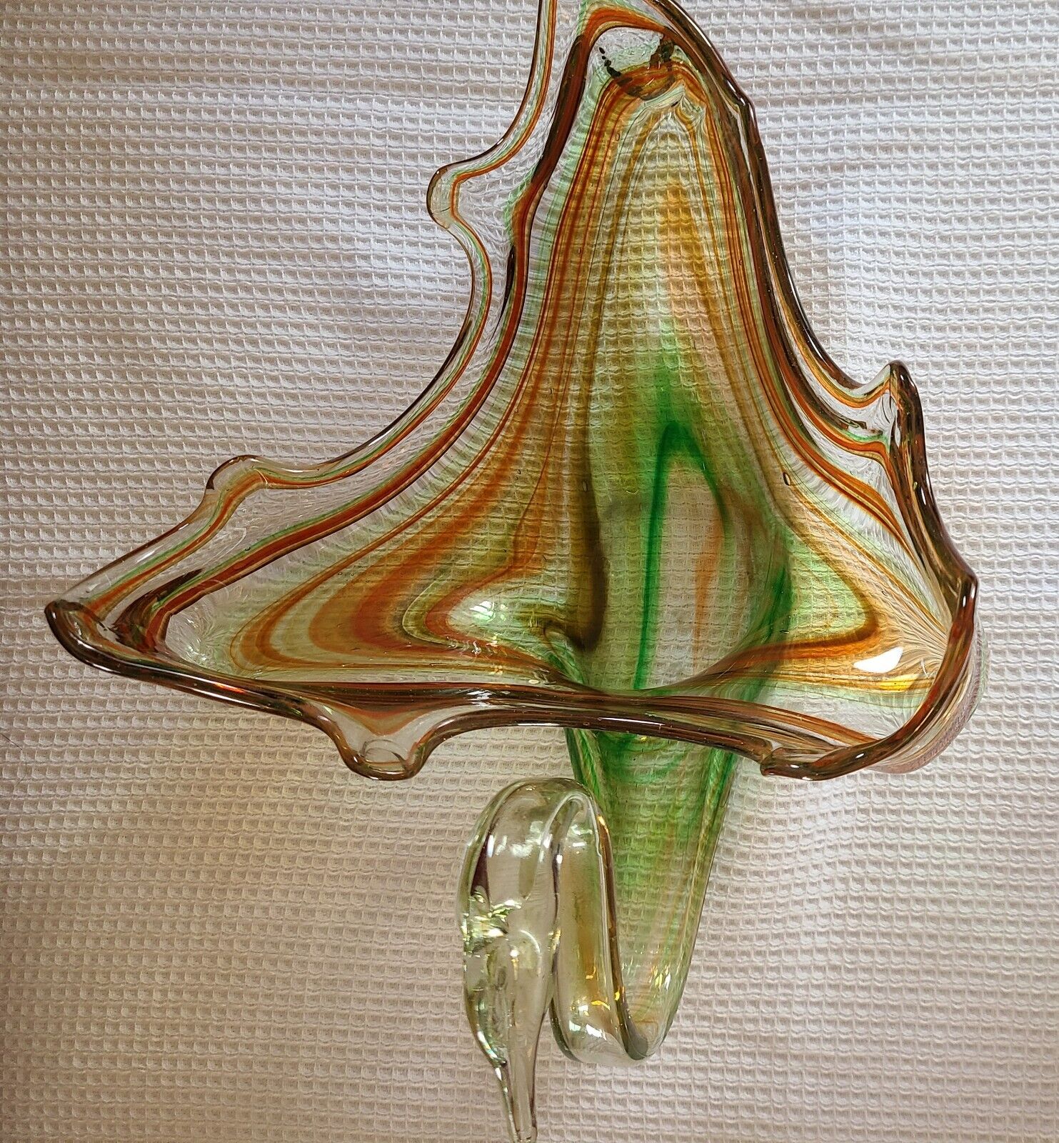 Vtg  Murano Style Green & Orange Blown Glass Swan Dish Brown Green Bowl Candy 