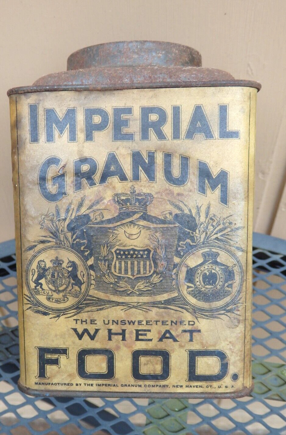 Antique IMPERIAL GRANUM Early Tin, Paper Label on tin Wheat Food, Quack Medicine