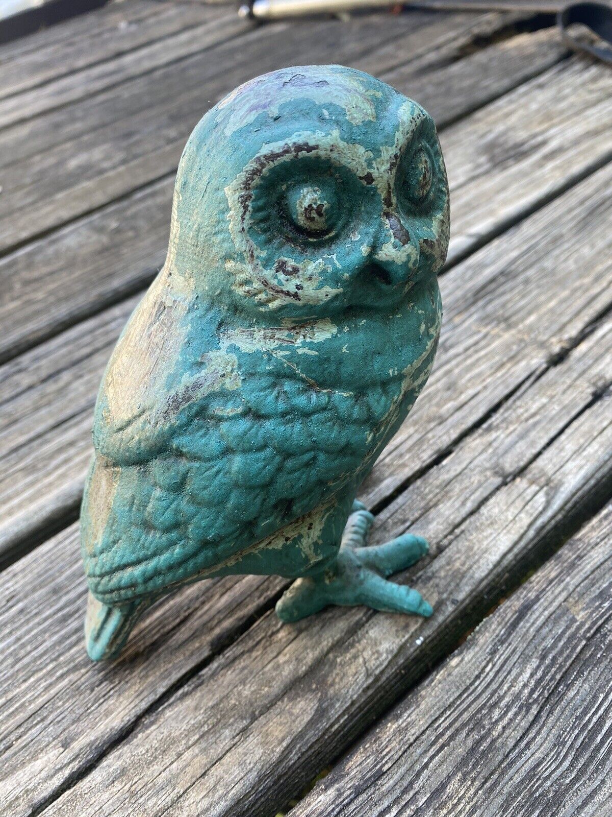 Shabby Victorian Chic Cottage Core Vintage Cast Iron Owl Statue. Hand Painted.