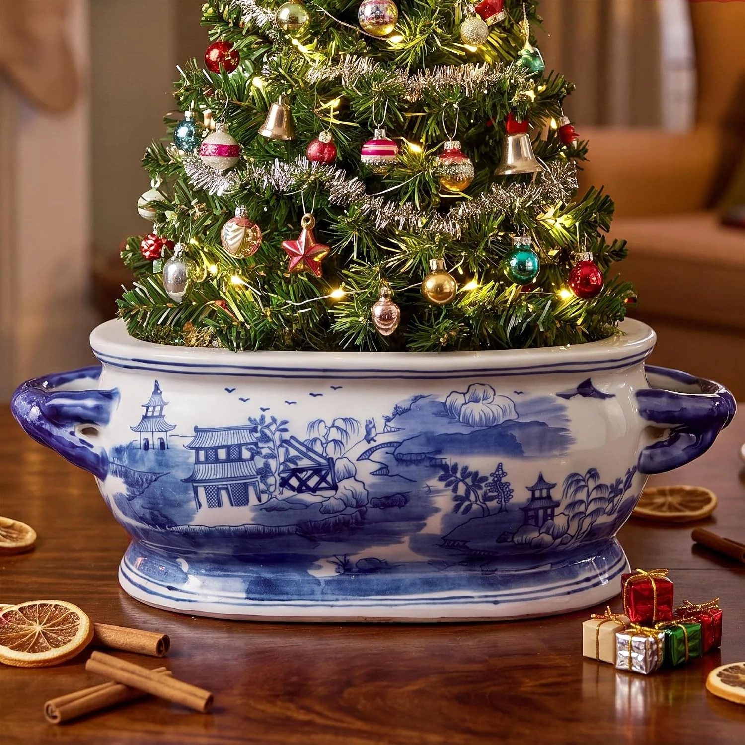 Blue and White Large Chinoiserie Ceramic Planter Decor, Landscape