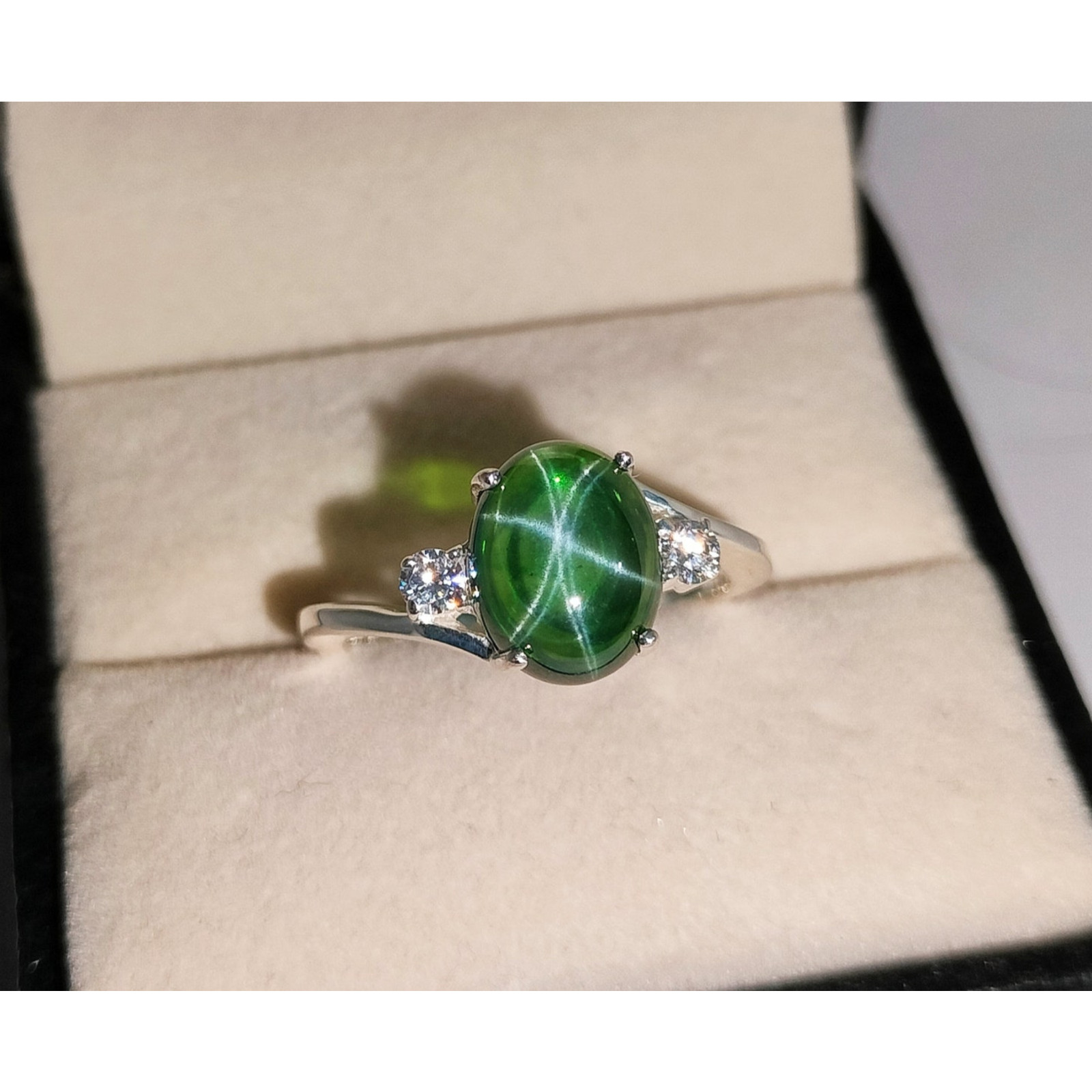 Green Star Sapphire Ring 925 Sterling Silver Lab Created Handmade Silver Ring