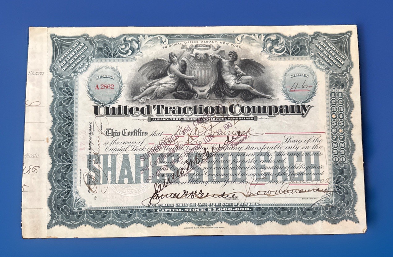 Union Traction Co Stock 1902 & 12 Doc Tax Stamps Albany NY Electric Trolley
