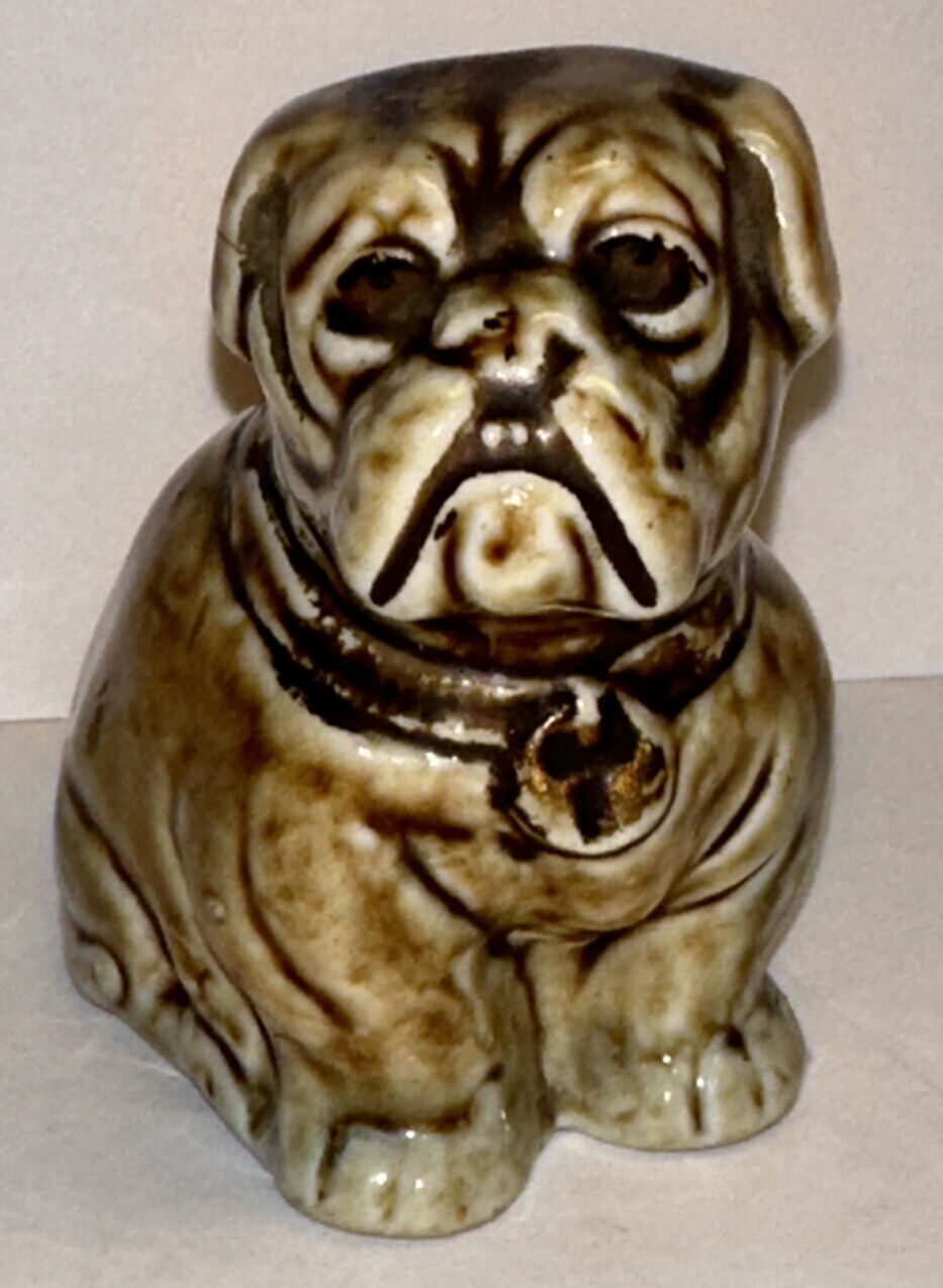 Germany Porcelain Brown Glaze Sitting English BULLDOG Vintage 3” Statue
