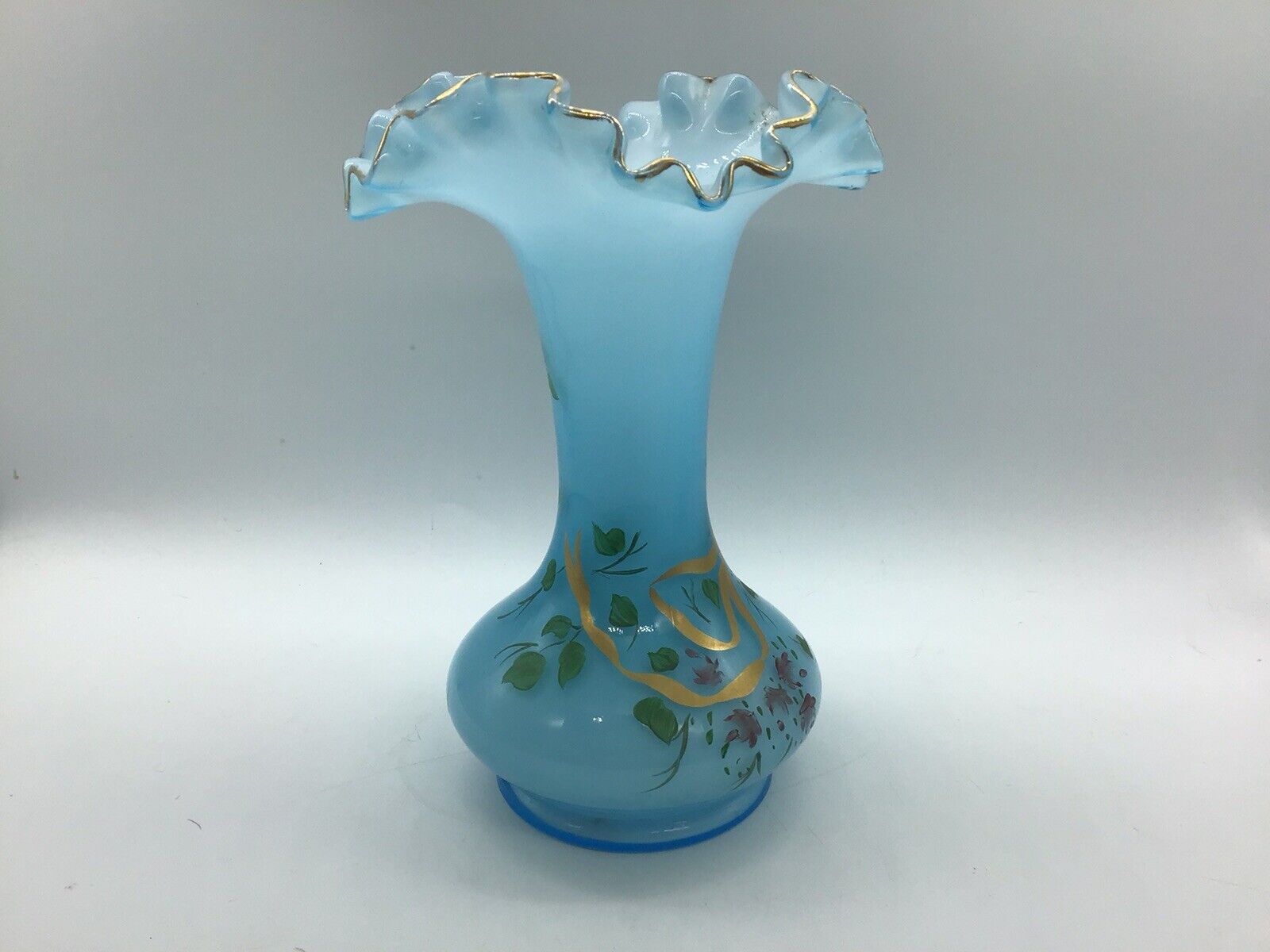 Vintage Hand Painted Bristol Glass Ruffled Vase (7.5 In Tall X 5 Inches Width)