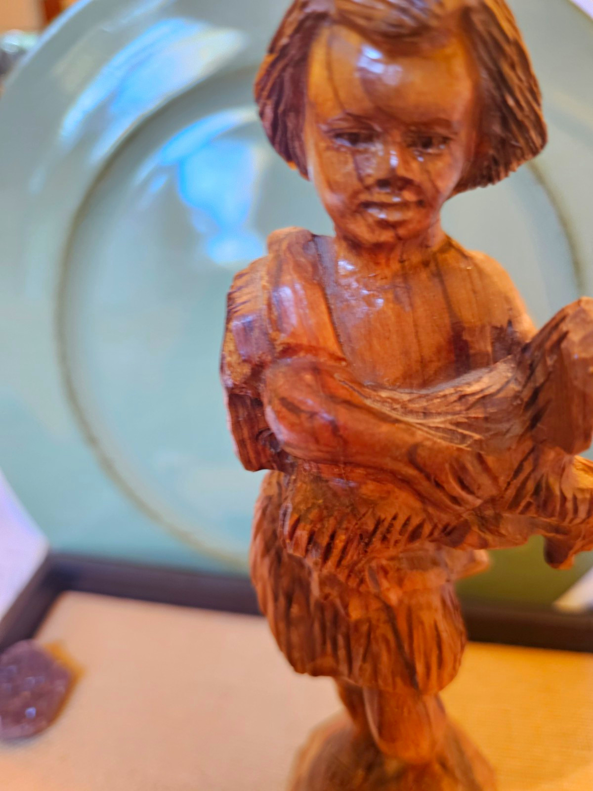 Vintage Hand Carved Olive Wood David Shepherd Boy Holding Lamb Figurine 9.75”