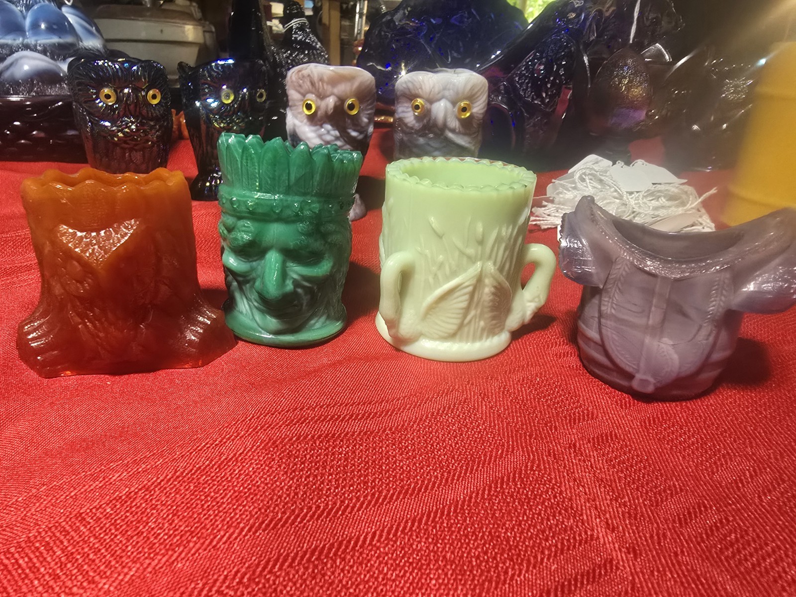 Lot Of 4 Glass Toothpick Or Match Holders,  Owl-indian-swan-saddle