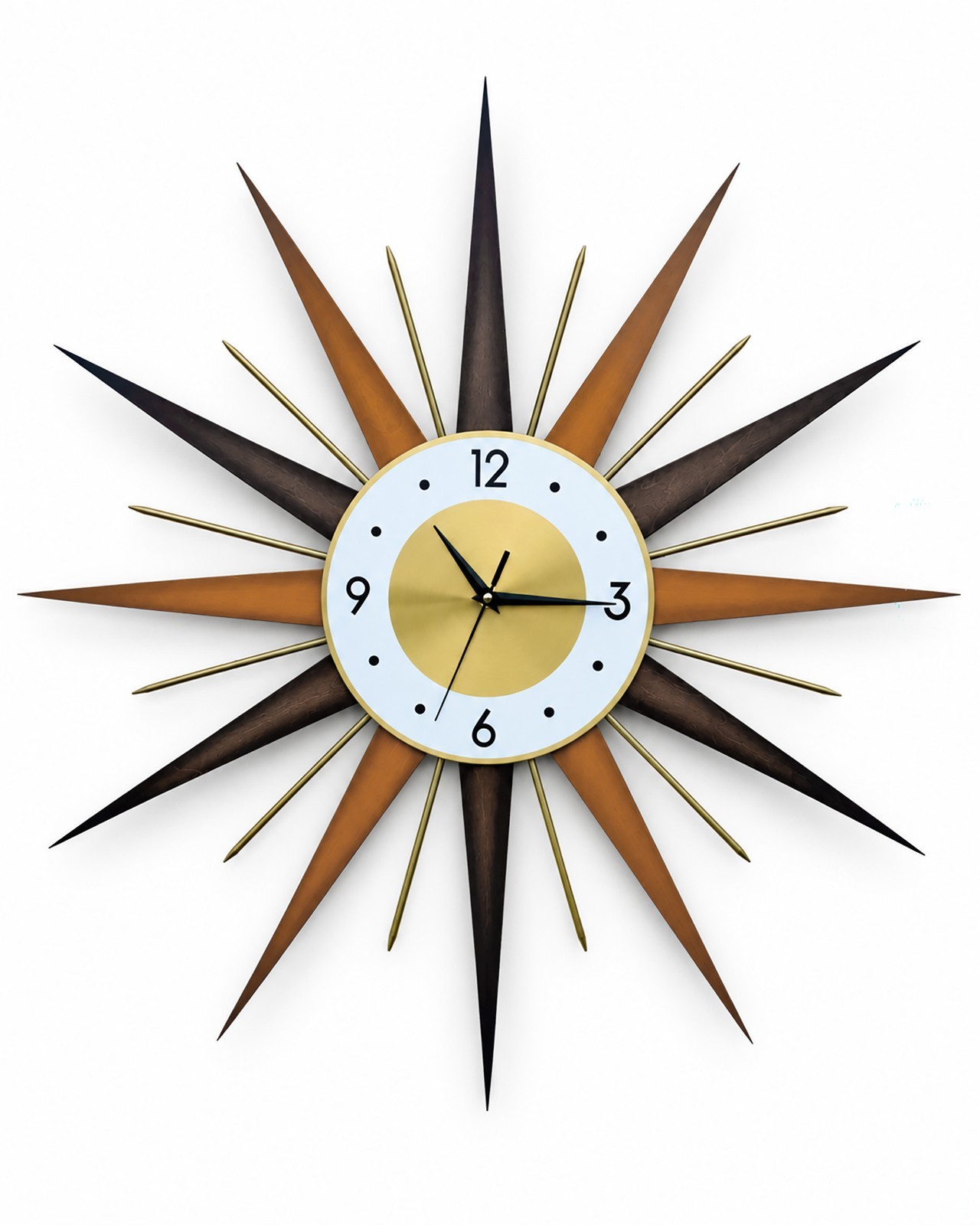 Retro Style Starburst Sunburst Wall Clock MCM Walnut Orange Gold Silent