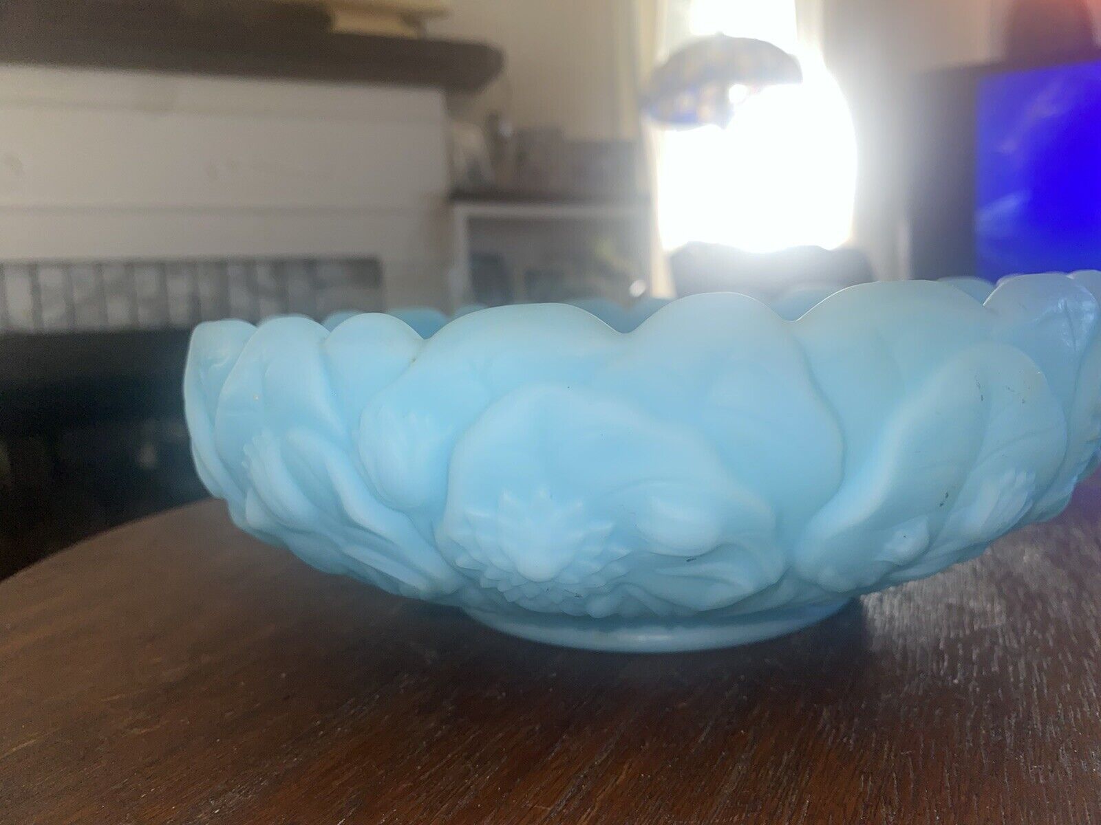FENTON BLUE OPALINE SATIN GLASS WATER LILY Compote Bowl