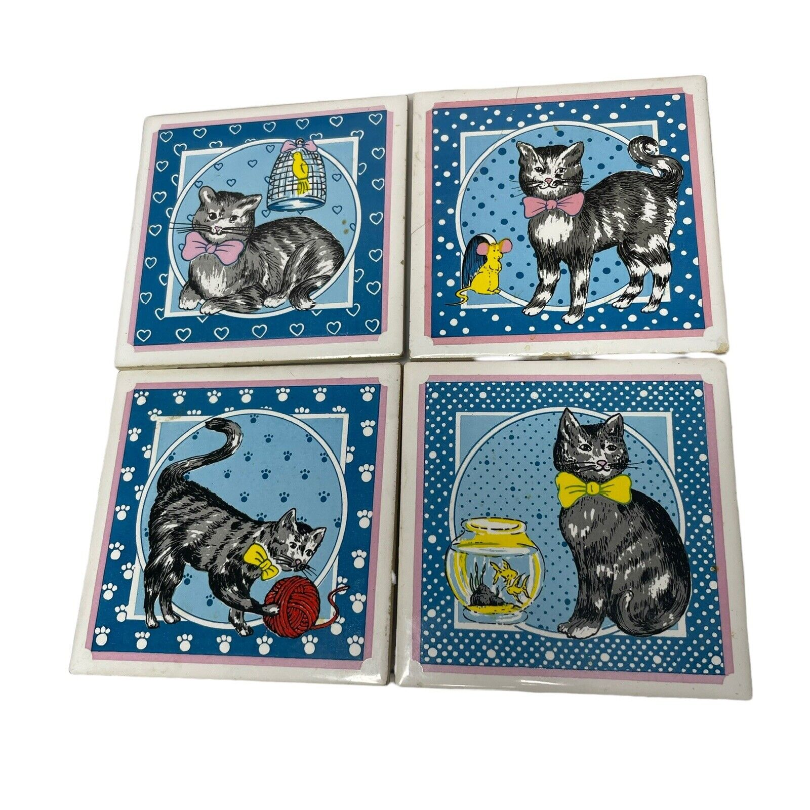 Vintage Cat Design Tile Trivet Set of 4 Coasters Wall Art Spoon Rests Ceramic