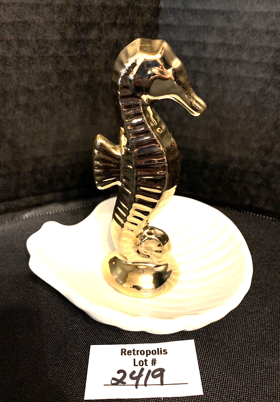 Gold Seahorse White Clam Shell Trinket Tray Nautical Ring Dish Ceramic