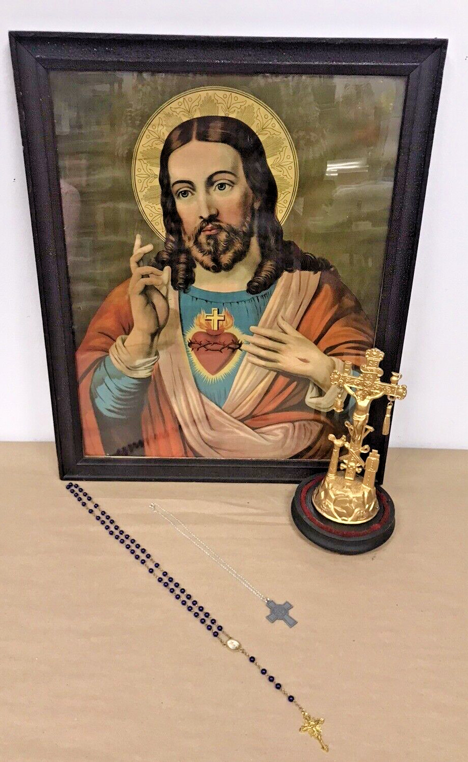 Vintage Religious Lot Crucifix Rosary Sacred Heart Lithograph Arma Christi