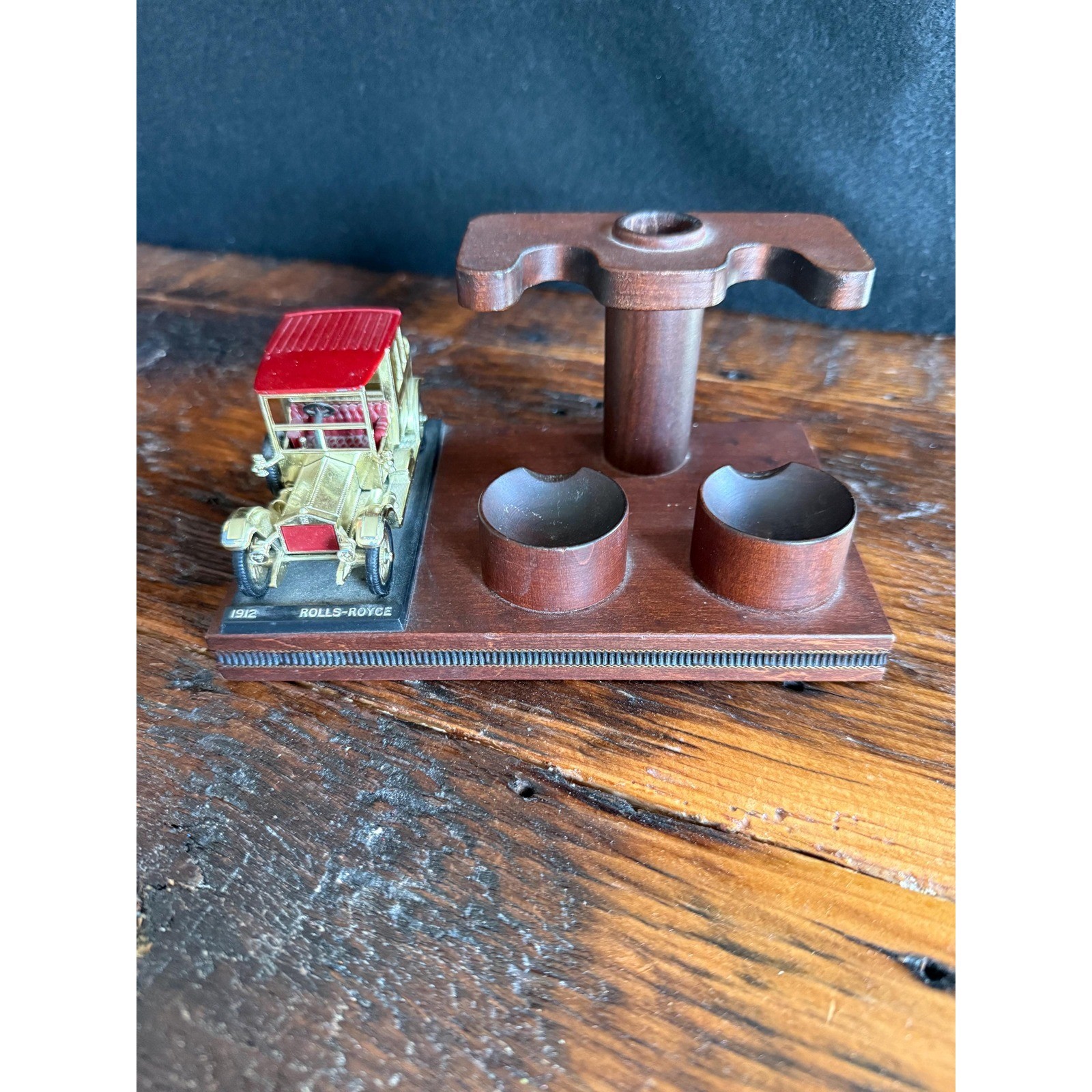 Vintage Wooden Two Smoking Pipe Rest Stand Holder w/ 1912 Rolls Royce Model Car