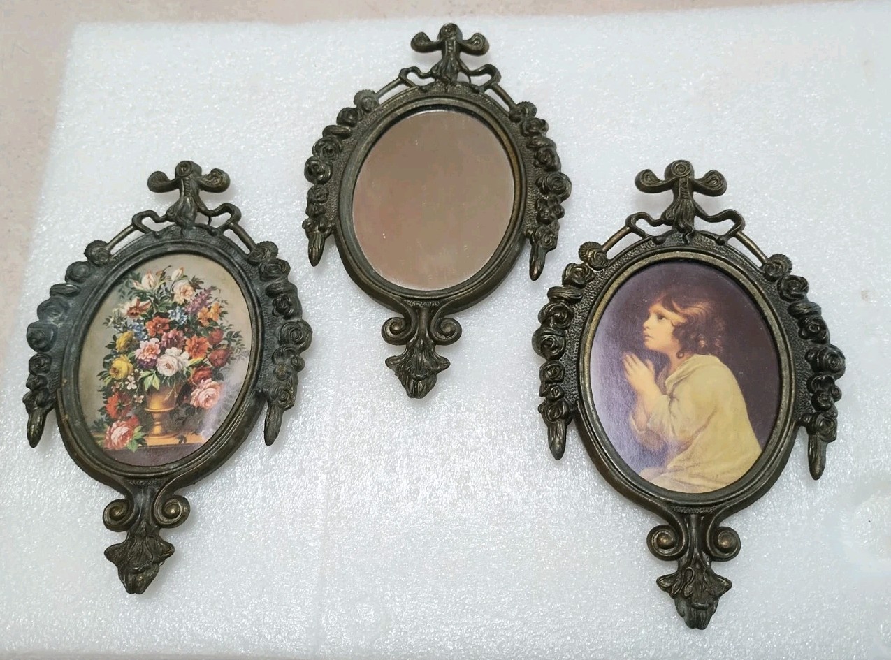 beautiful 3 VTG Italian Ornate Brass Oval Picture Frames Pastoral Prints /Mirror