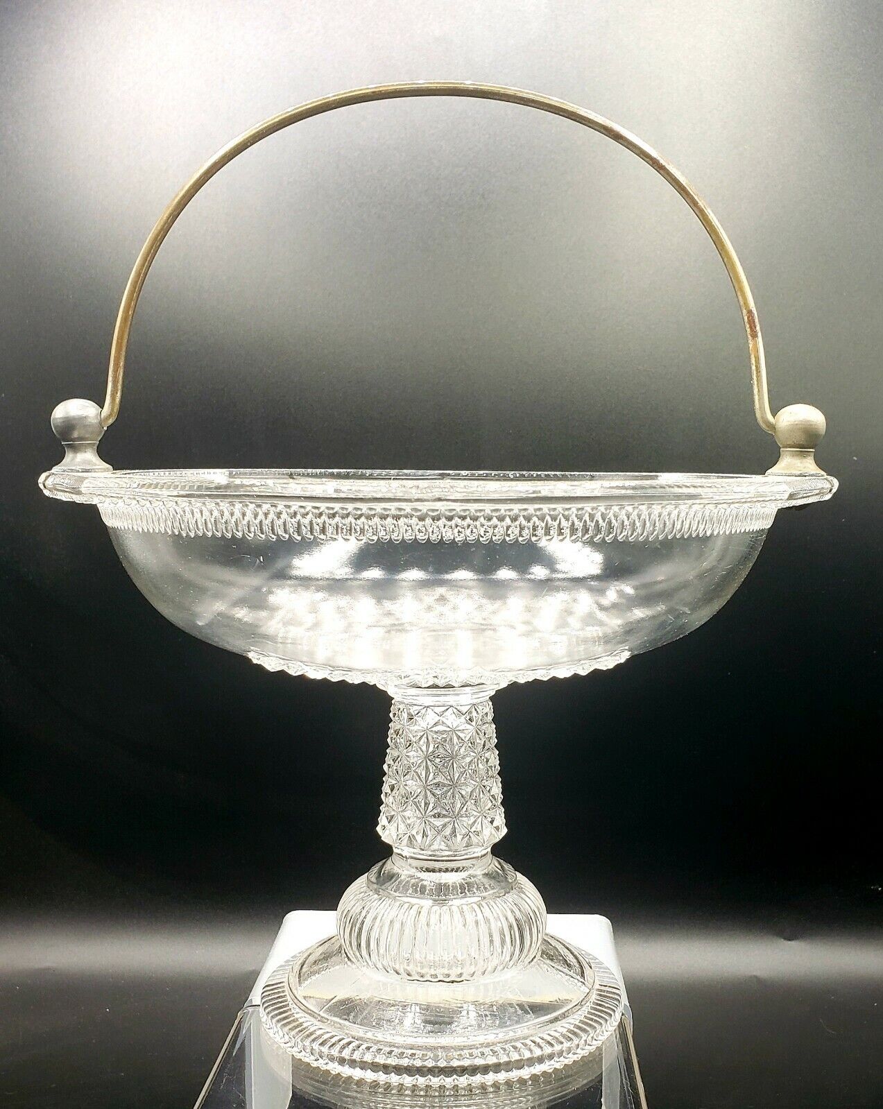EAPG Ripley & Co. No.20 Crossroads Footed Glass Fruit Bowl W/Handle Circa 1881