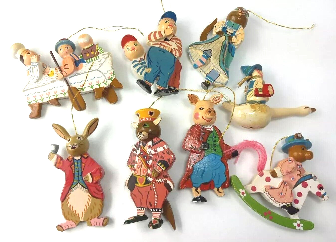 Vtg Kurt Adler Wood Ornaments Nursery Rhyme Mother Goose Lot Of 8 Christmas