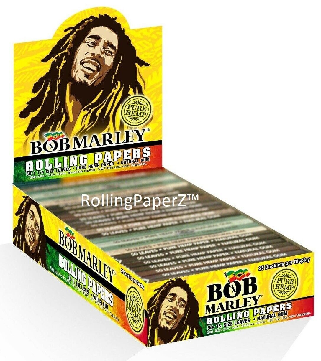FIVE PACKS - Bob Marley 1 1/4 SIZE Hemp Rolling Papers/ 50 SHEETS PER PACK
