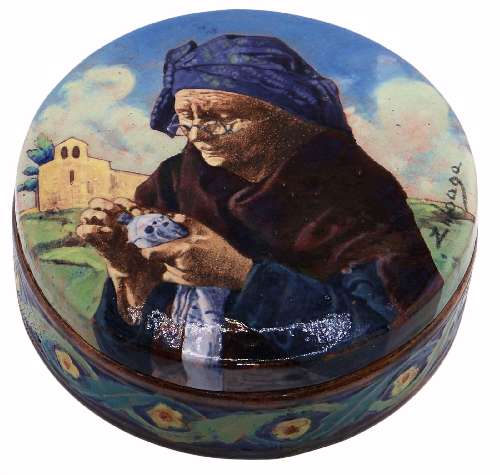 Vintage Tilgmans Sweden Art Pottery Trinket Box Hand-Painted Elderly Woman Scene