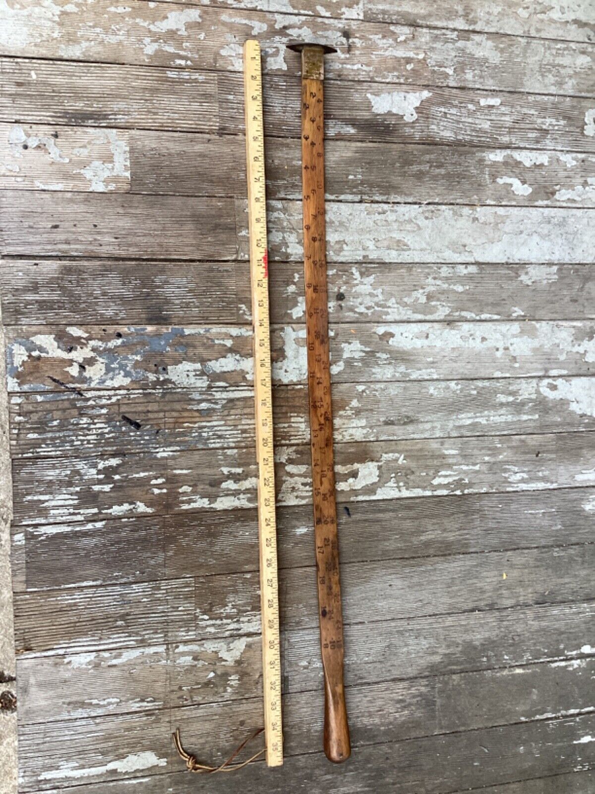 Antique Lumber Measuring Logging Stick Wood + Brass Foot NO name