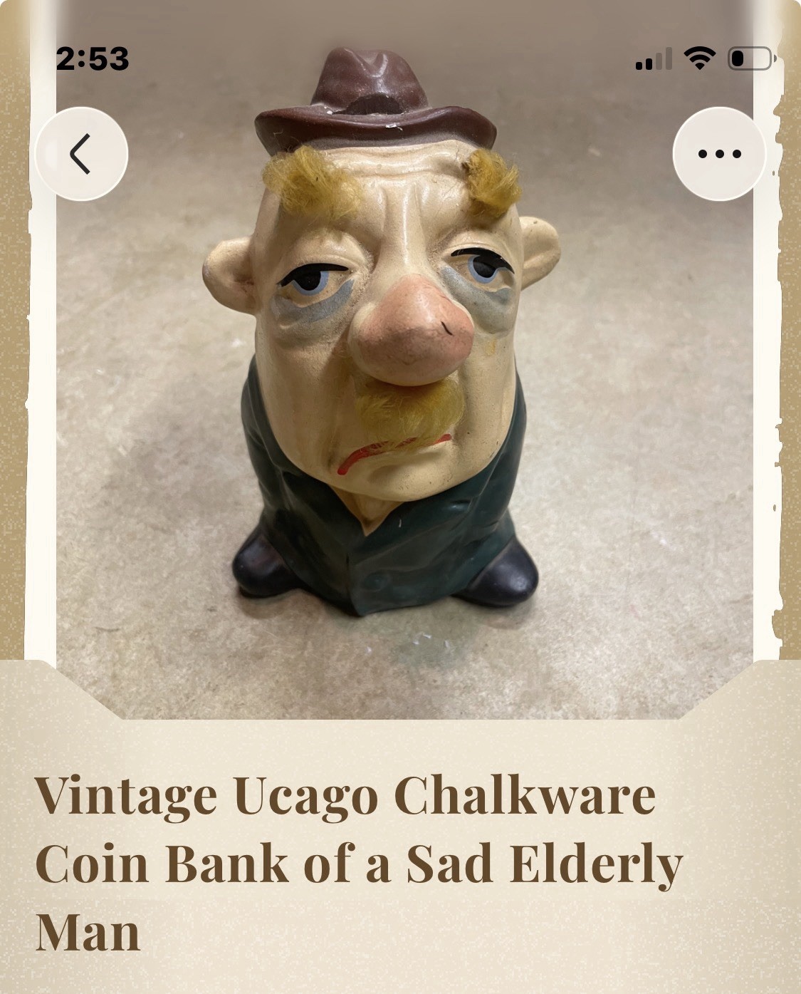 Ucago Vintage Chalkware Sad Elderly Man Character Coin Bank Original