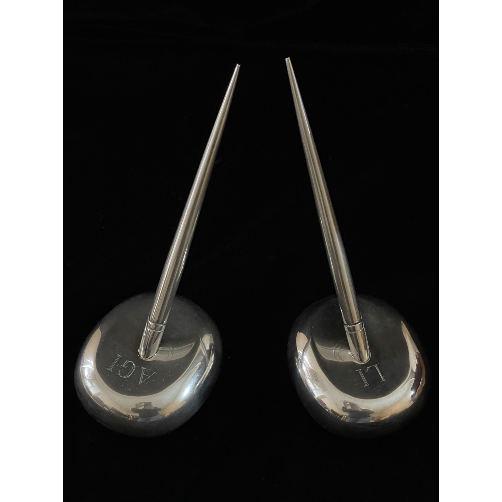 Set 2 Polished Silver Plated Sculptural Pen Holder Paperweight Slim Ballpoint