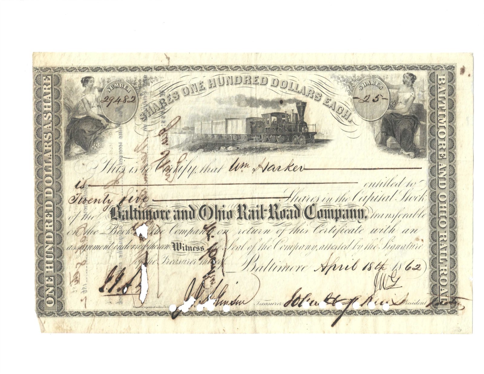 1863 Johns Hopkins /Prominent US Slave Trader Wm. Harker signed  B&O Stock