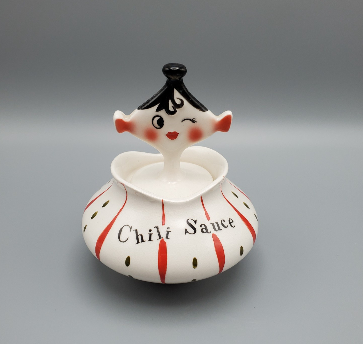 Vintage 1959 Holt Howard Pixieware Chili Sauce Condiment Jar W/ Lid & Spoon MCM Vintage 1959 Holt Howard Pixieware Chili Sauce Condiment Jar W/ Lid & Spoon MCM